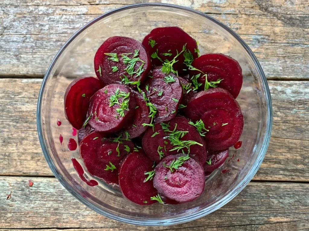 Close-up of canned pickled beets in a bowl with herbs