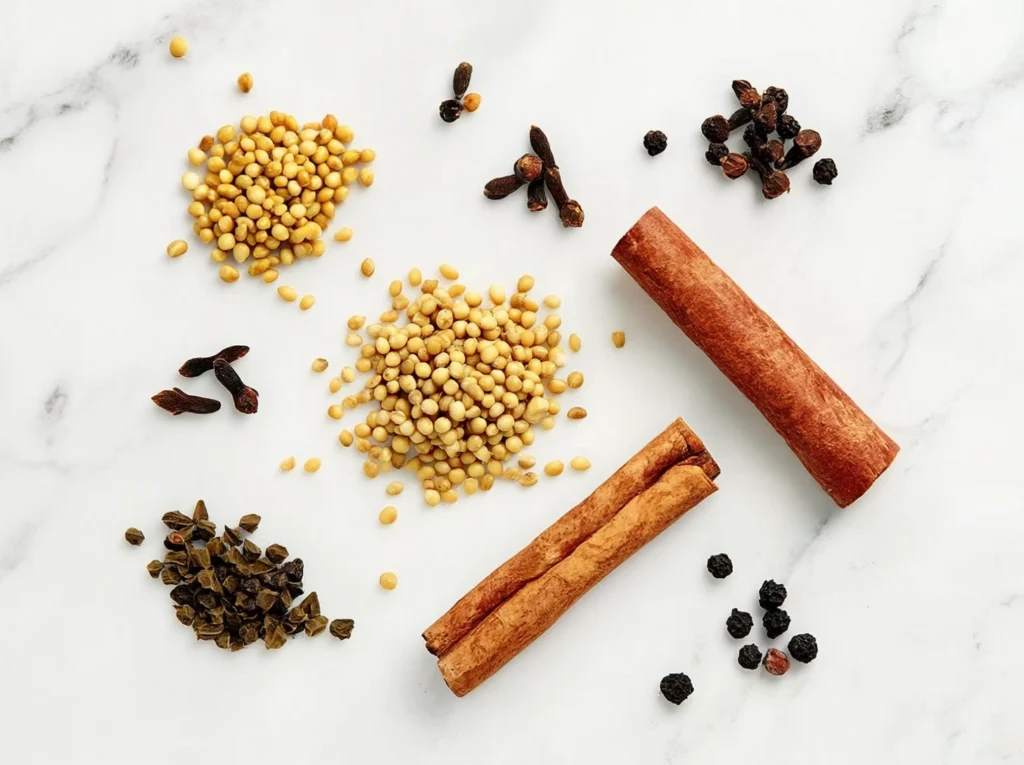 Spices for pickling canned beets laid out in bowls